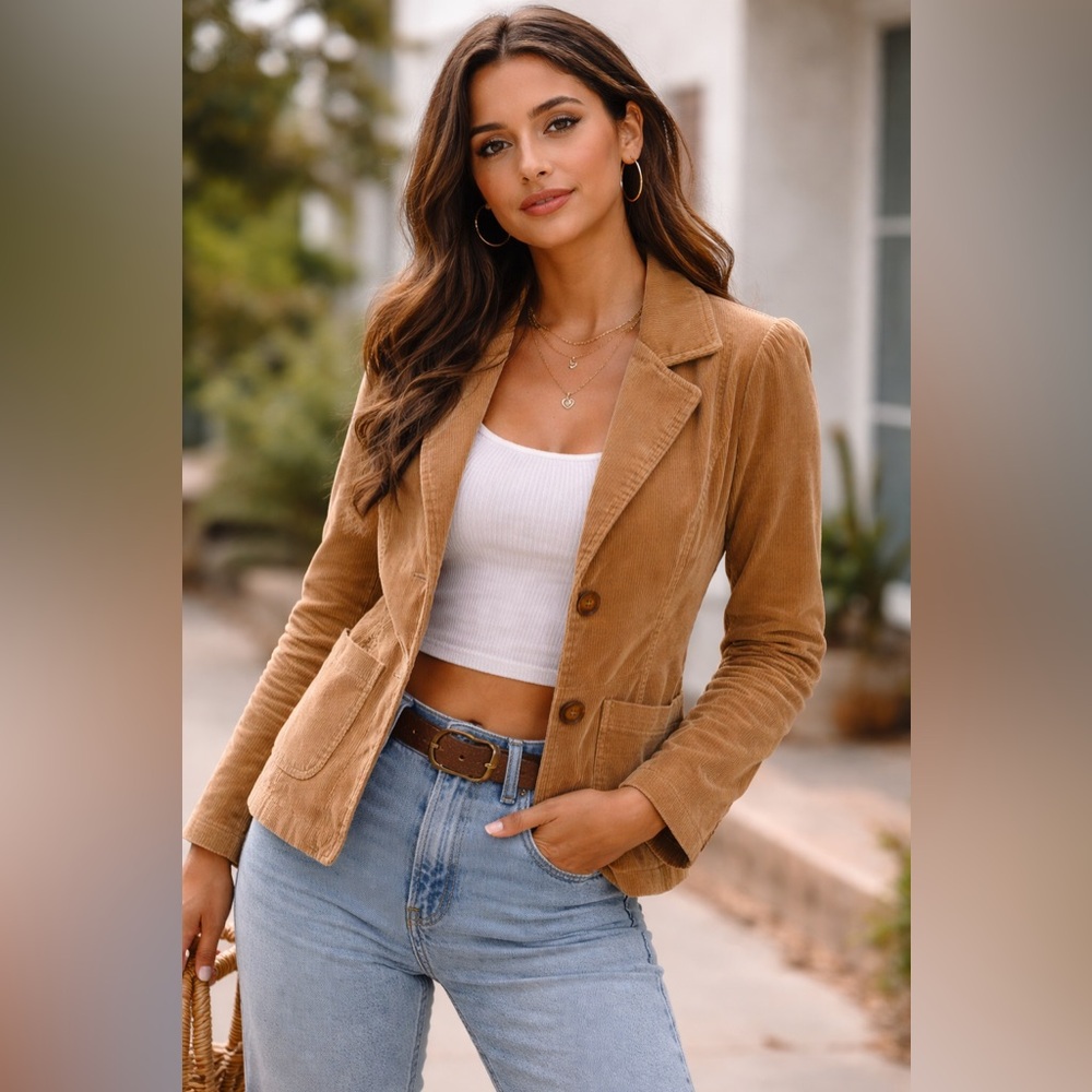 Vintage 90s Corduroy Blazer Camel Brown Fitted Jacket Small